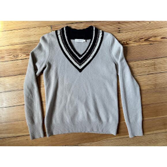 Tory Burch 100% Merino Wool V-Neck Sequin Rhinestone Beige Long Sleeve Sweater - Picture 2 of 11